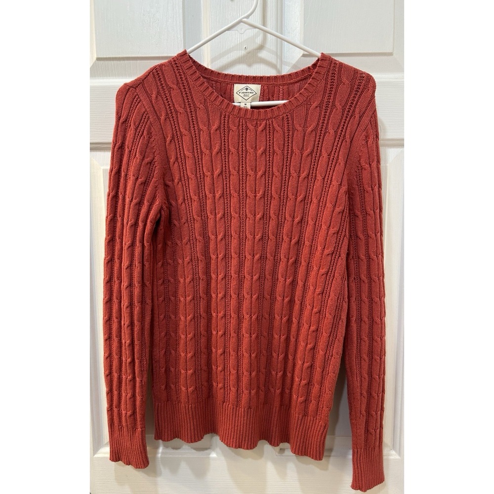 St. Johns Bay Coral Cable Knit Sweater Sz M V-Neck Pullover Long Sleeve Coastal